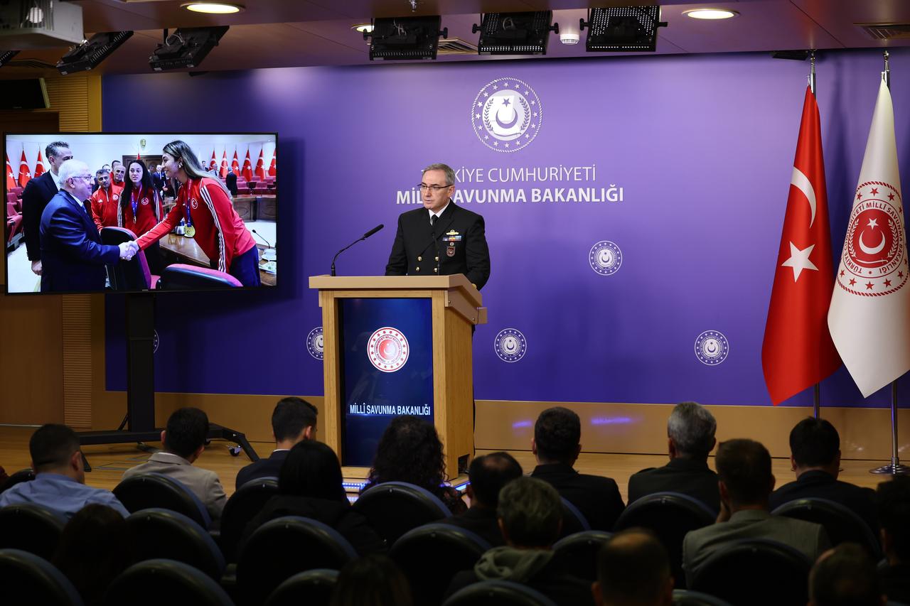 Rear Adm. Zeki Akturk, Press and Public Relations Advisor and Spokesperson of the Ministry of National Defense, spoke at the weekly press briefing held at the ministry in Ankara, Türkiye on Dec. 4, 2025. (AA Photo)