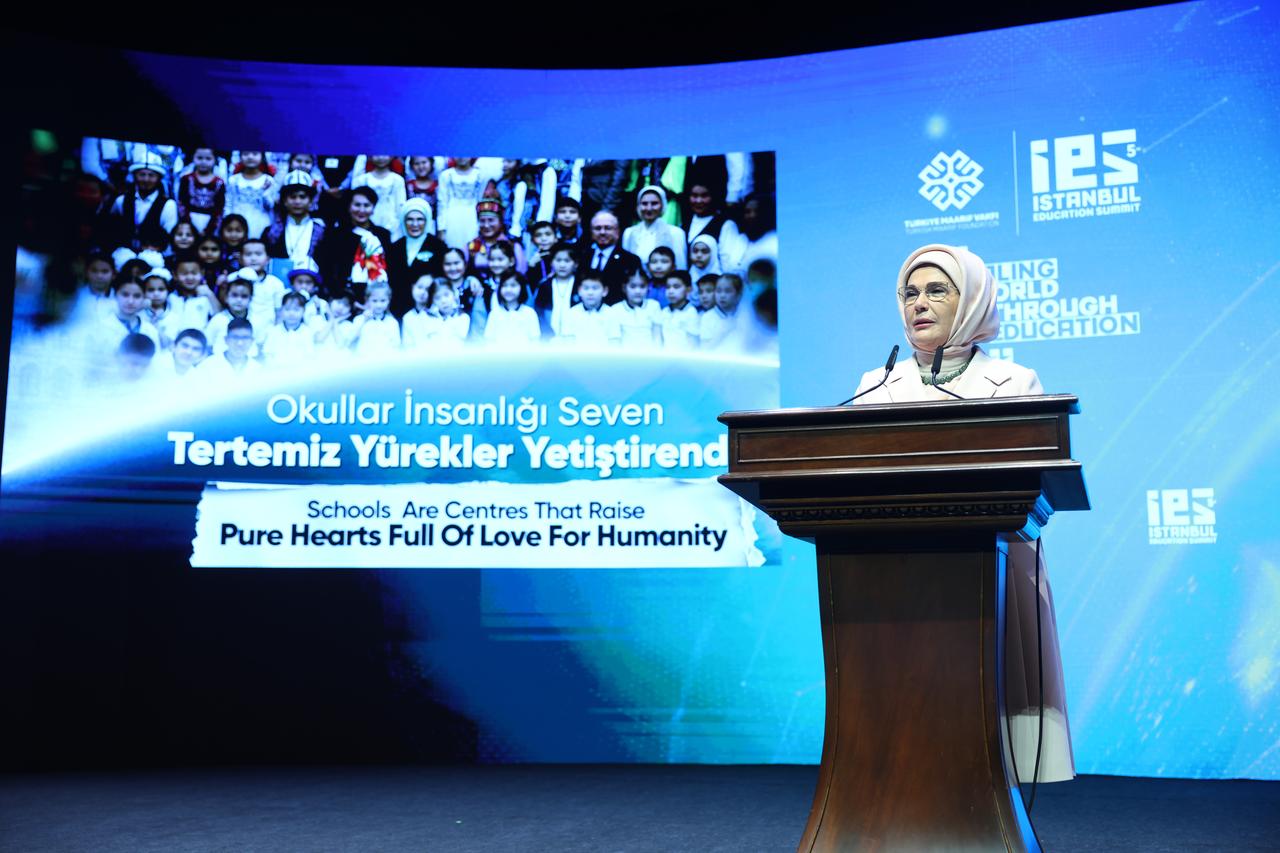 Türkiye’s first lady Emine Erdogan makes a speech during the 5th Istanbul Education Summit organized by the Turkish Maarif Foundation at the Ataturk Cultural Center in Istanbul, Türkiye on Dec. 5, 2025. (AA Photo)