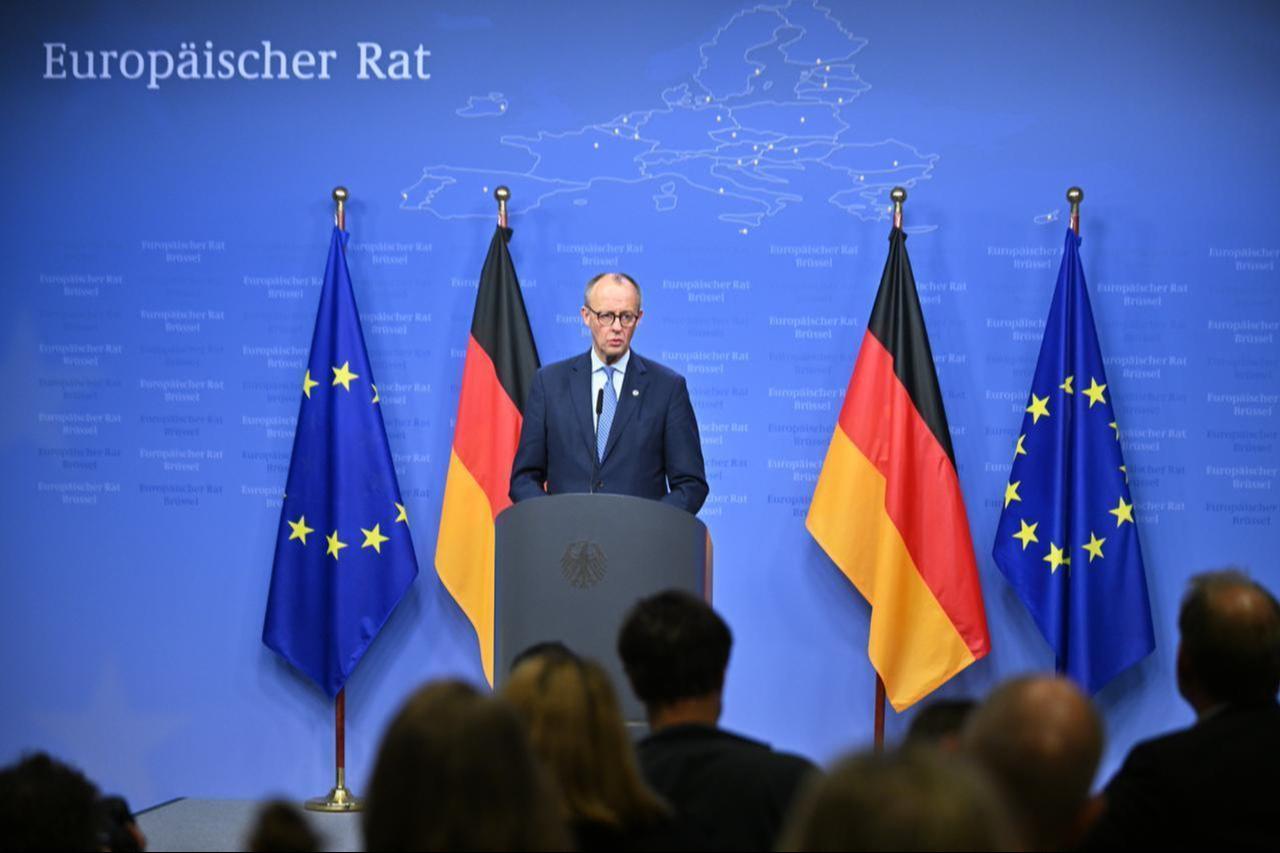 German Chancellor Friedrich Merz holds a press conference following the European Union (EU) Leaders’ Summit in Brussels, Belgium on Oct. 23, 2025. (AA Photo)