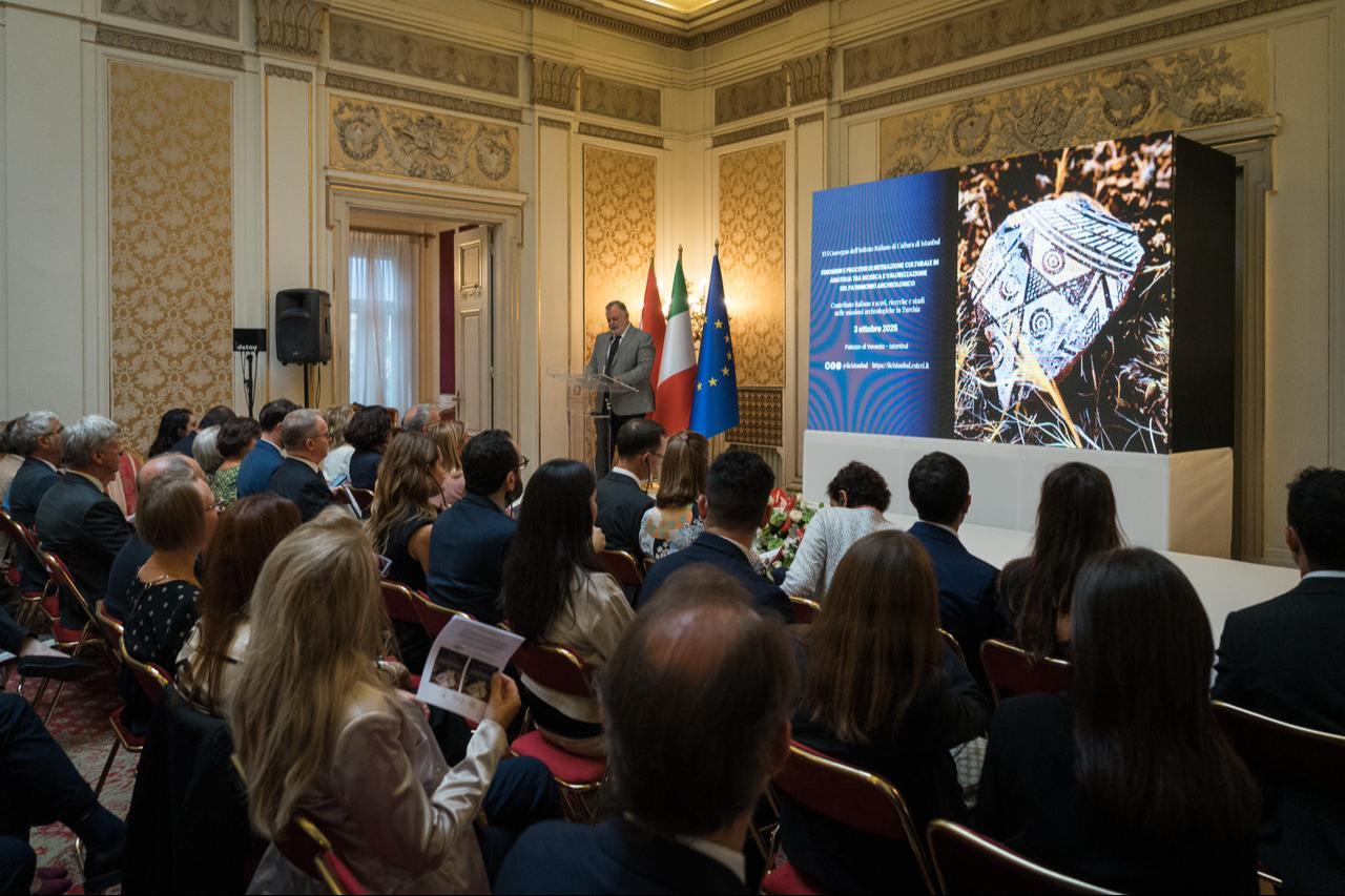 Salvatore Schirmo, Director of the Italian Cultural Center in Istanbul, speaks during the opening ceremony of the 16th Italian Cultural Center Archaeology Symposium at Venice Palace, Istanbul, Türkiye, Oct. 3, 2025.(Photo via Italian Cultural Center in Istanbul)
