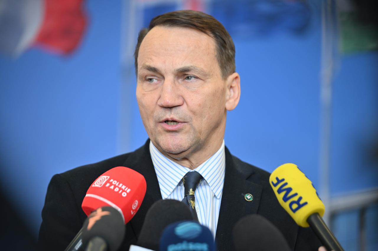 Polish Deputy Prime Minister and Foreign Minister Radoslaw Sikorski gives a press statement at NATO Headquarters following the NATO Foreign Ministers' meeting in Brussels, Belgium on Dec. 3, 2025. (AA Photo)