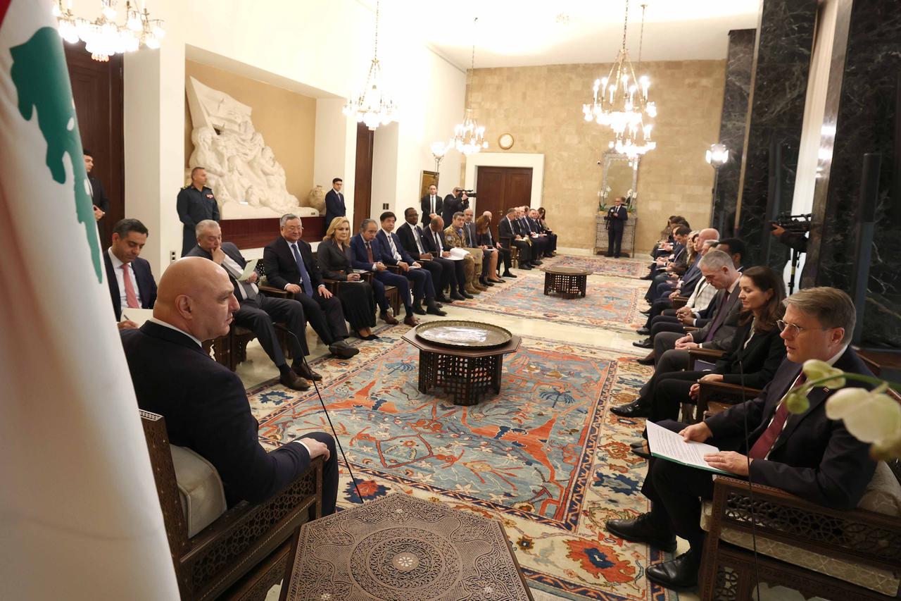 Lebanese President Joseph Aoun (L) receives a delegation, including UN Security Council (UNSC) President Samuel Zbogar (R) and representatives of UNSC member countries, at the Baabda Presidential Palace in Beirut, Lebanon on December 05, 2025. (Lebanon Presidency HO / AA Photo)