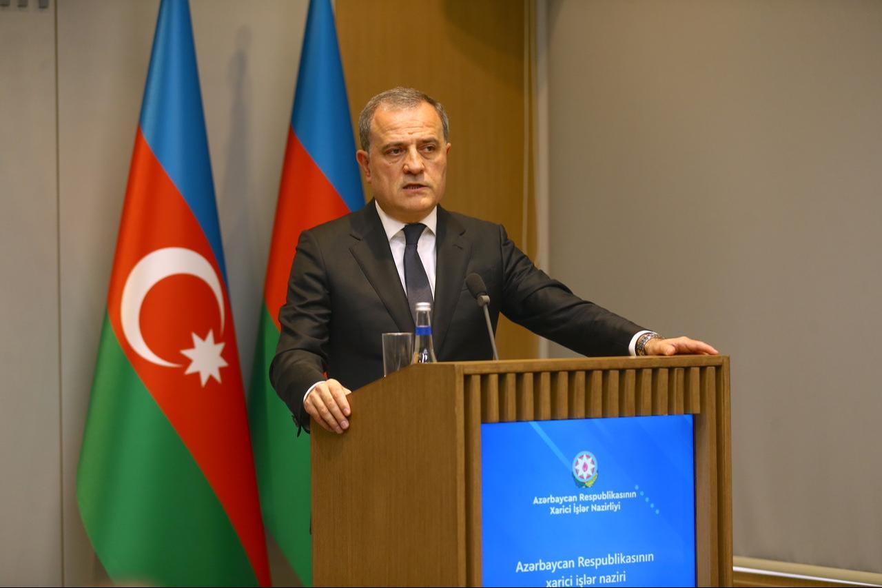 Azerbaijani Foreign Minister Jeyhun Bayramov and Slovenian Foreign Minister Tanja Fajon (not seen) hold a joint press conference in Baku, Azerbaijan on April 17, 2025. (AA Photo)