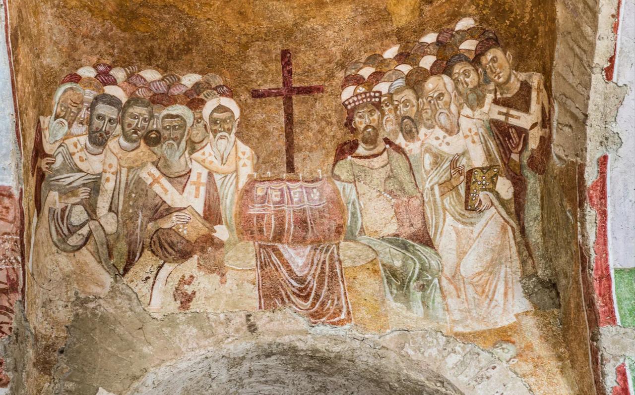 First Council of Nicaea in 325, depicted in a Byzantine fresco in the St. Nicholas Church in Demre, Antalya, Türkiye. (Photo via Britannica)