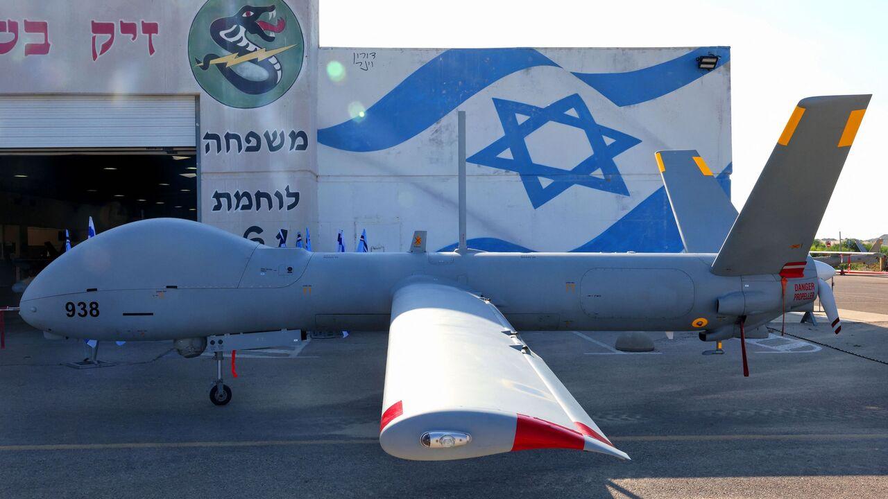 A view shows an "Elbit Hermes 900" unmanned aerial vehicle at Israel's Palmachim Air Force Base, on July 5, 2023. (AFP Photo)