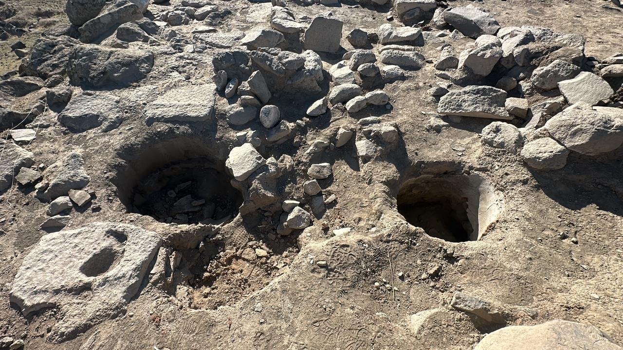 A view of circular pits revealed during excavations at Korzut Castle in the Muradiye district of Van, eastern Türkiye, Dec. 8, 2025. (AA Photo)