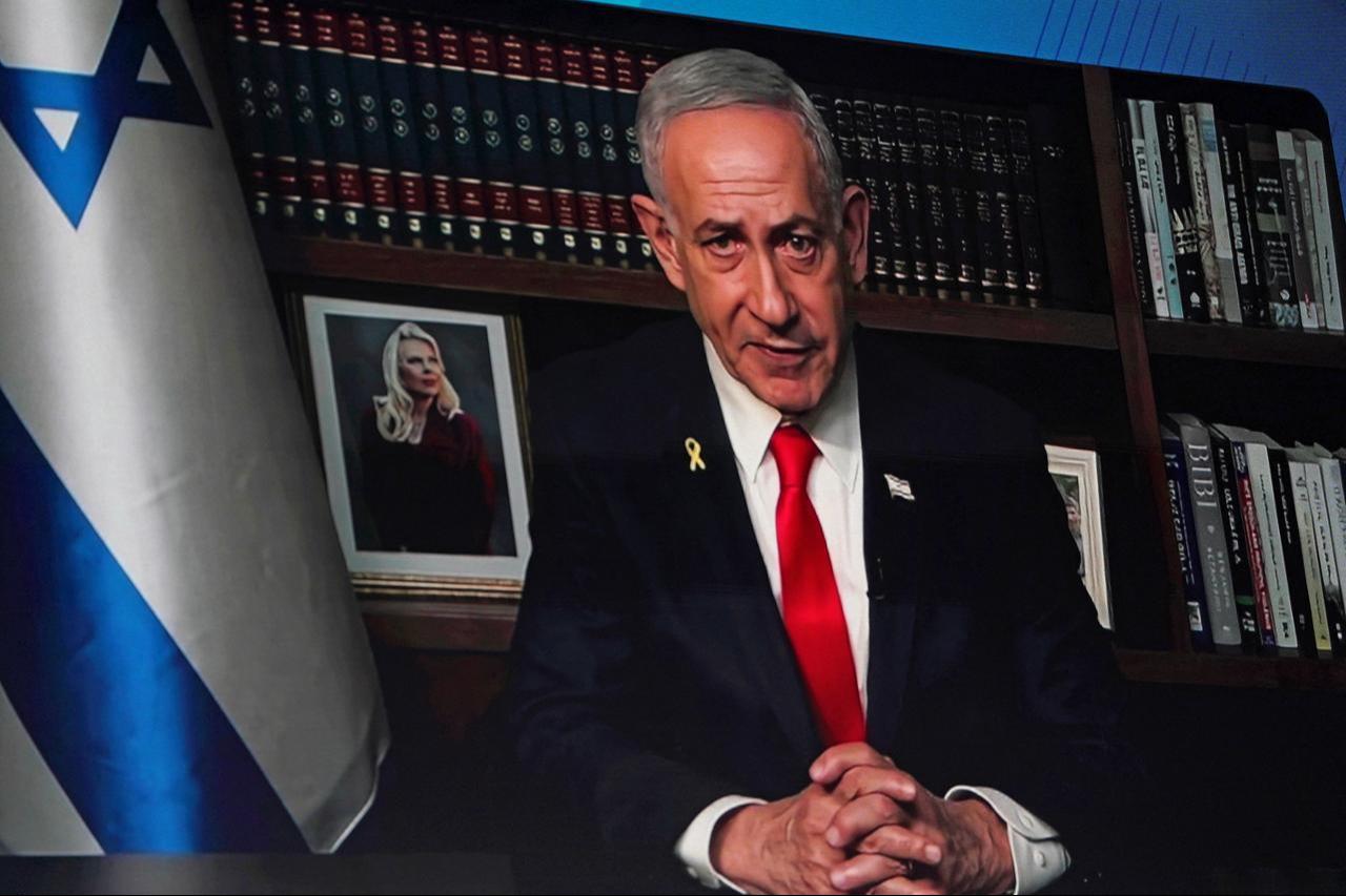 Prime Minister of Israel Benjamin Netanyahu appears remotely during The New York Times DealBook Summit 2025 at Jazz at Lincoln Center, Dec. 3, 2025 in New York City. (AFP Photo)