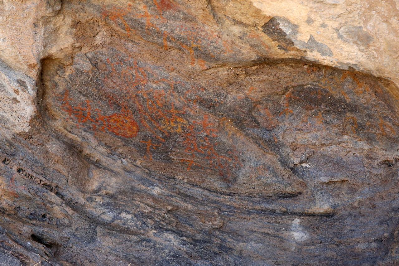 A general view of the rock paintings with human figures, discovered by a citizen's notice and thought to date back to the Neolithic Age in the mountainous areas of Kayseri, Türkiye, Nov. 19, 2025. (AA Photo)