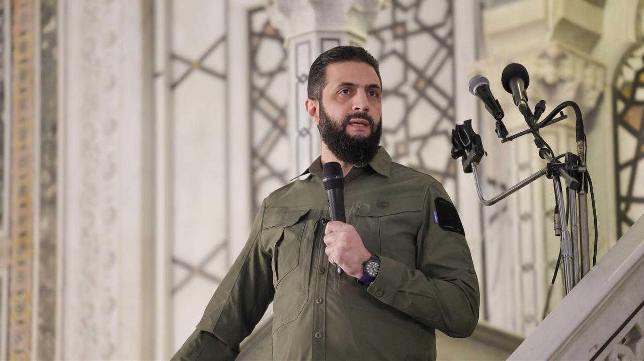 Syrian President Ahmad al-Sharaa speaks after performing the dawn prayer at the Umayyad Mosque in Damascus, Syria, Dec. 8, 2025. (Photo via Syrian Presidency)