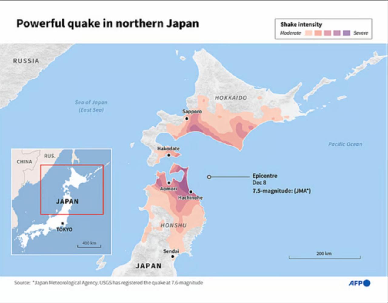Infographic map showing the location and shake intensity of a 7.5-magnitude quake in northern Japan on 8 December 2025. (AFP)