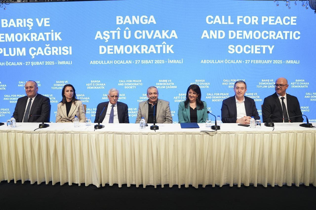 DEM Party lawmakers hold a press conference titled "Call for Peace and Democratic Society" in a hotel in Istanbul after meeting with Ocalan on Imrali Island on Feb. 27, 2025 (AA Photo)