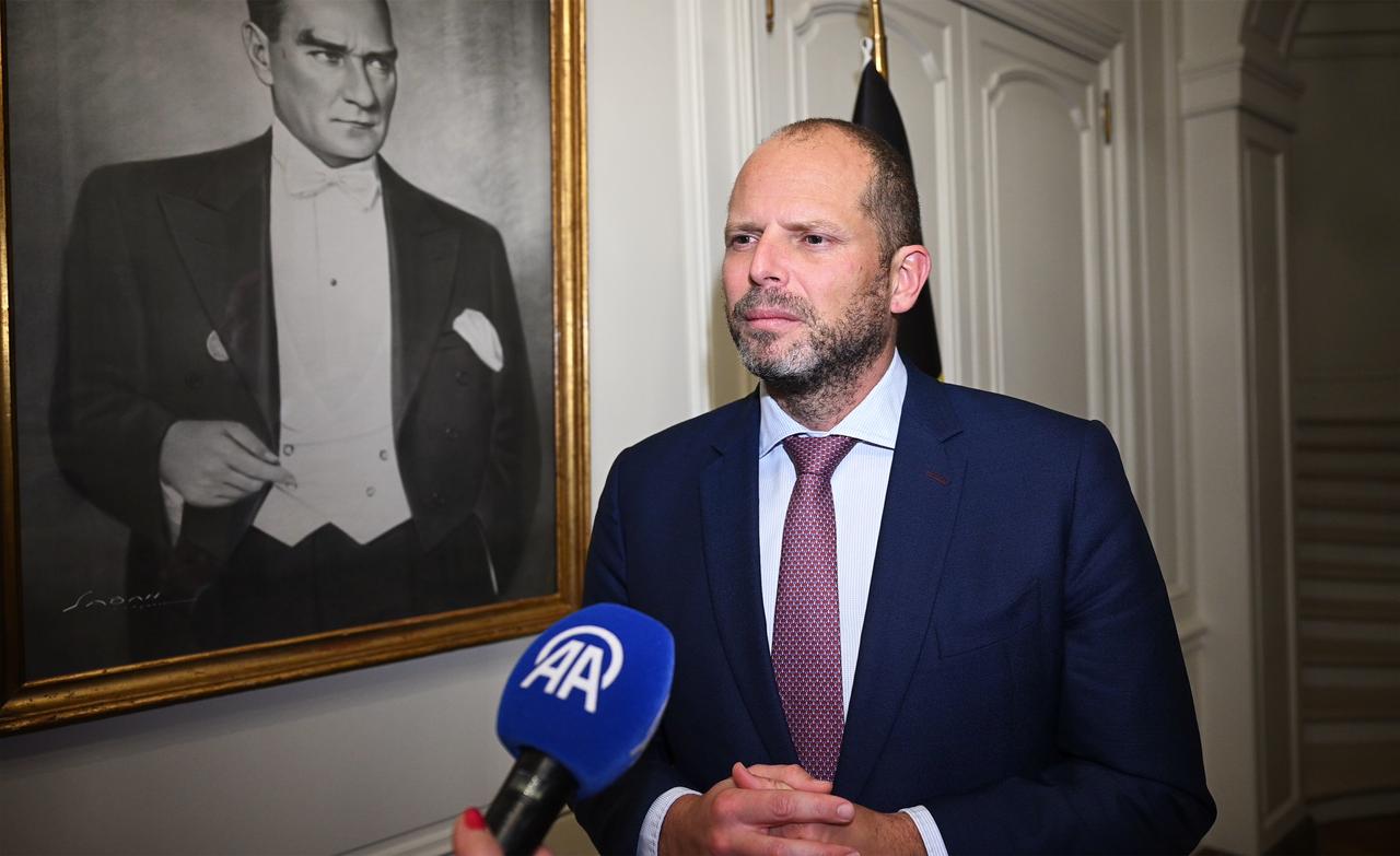 Belgian Defence and Foreign Trade Minister Theo Francken (R), attending a reception hosted by Türkiye’s Ambassador to Brussels Baris Tantekin (L), spoke to an AA correspondent in Brussels Hoofdstedelijk Gewest, Belgium on Dec. 9, 2025. (AA Photo)