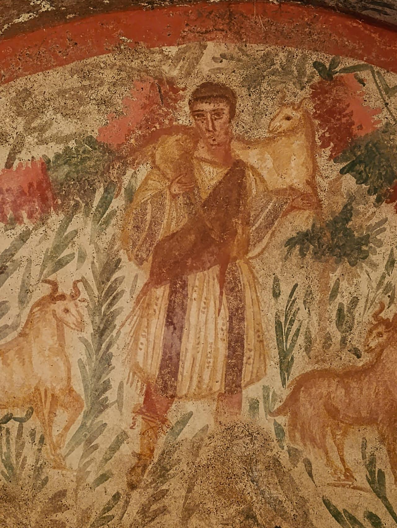 Close-up of the Good Shepherd figure in the Iznik chamber tomb, depicting Jesus as a young, beardless shepherd carrying a goat on his shoulders among grazing animals, Dec. 9, 2025. (Photo via Instagram/@arkeolojihaber)