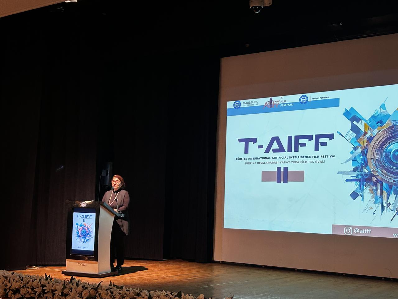 At the festival’s opening ceremony, Prof. Dr. Filiz Aydogan Boschele, Head of the Radio and Television Department at Marmara University Faculty of Communication and festival coordinator, gave a speech. Istanbul, Türkiye, December 8, 2025. (AA Photo)