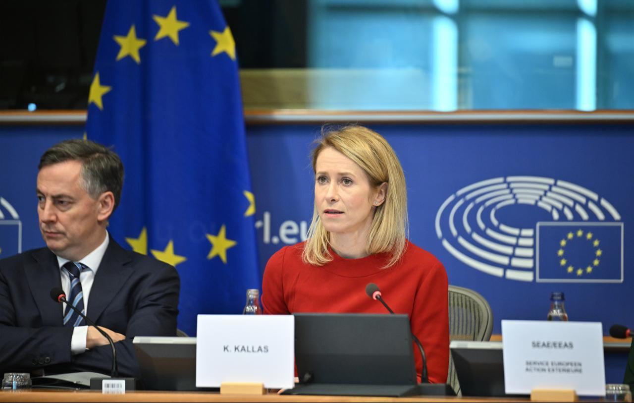 EU High Representative for Foreign Affairs and Security Policy, Kaja Kallas (R), makes statements on the Union’s foreign policy in Brussels, Belgium, Dec. 9, 2025. (AA Photo)