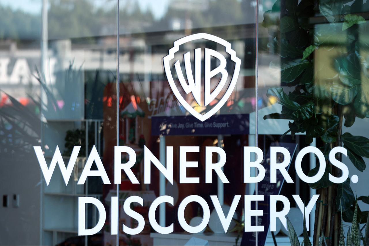 The Warner Bros. Discovery logo is seen at one of its offices in Culver City, California, on December 5, 2025. (AFP Photo)