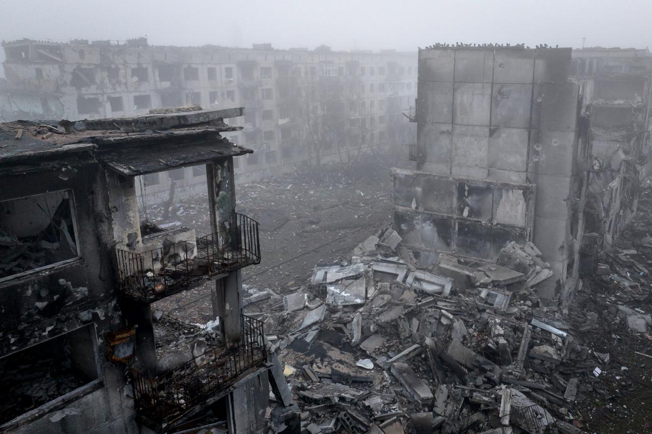 Destroyed residential buildings in the frontline town of Kostyantynivka, Donetsk, Nov. 28, 2025. (Photo by Oleg Petrasiuk/24th Mechanized Brigade of Ukrainian Armed Forces/AFP)