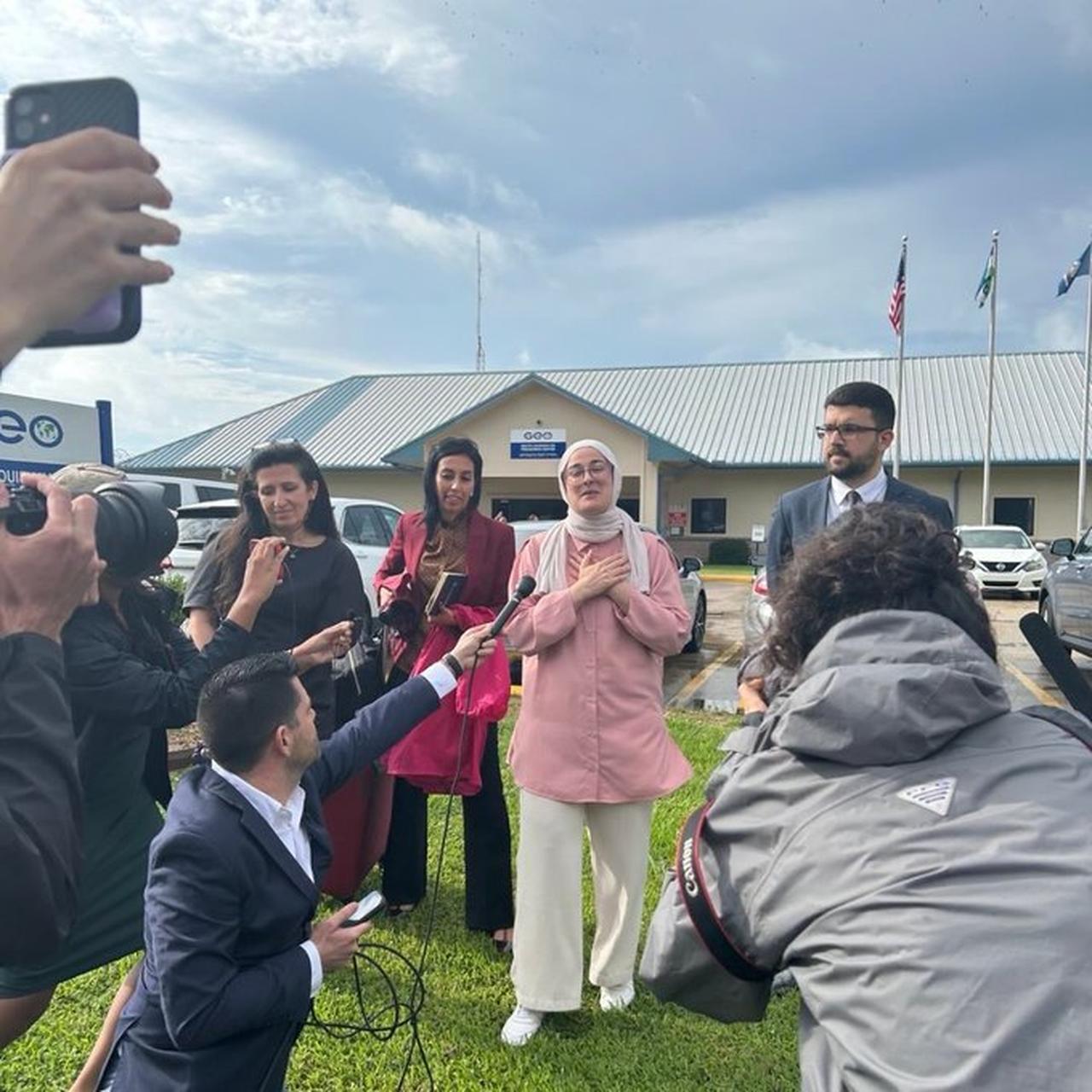 Photo shows Turkish student Rumeysa Ozturk freed after federal judge in Vermont orders her release on bail, addressing reporters, accessed on May 10, 2025. (Photo via X / @SEIU)