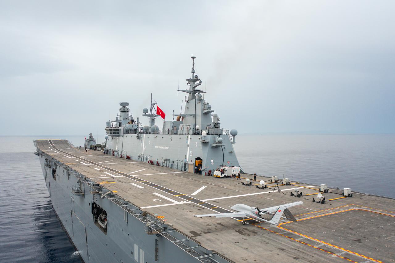 Bayraktar TB3 UCAVs deployed on TCG Anadolu to conduct live-fire exercises with MAM-L munitions during Seawolf-II/2025 Naval Exercise, accessed on 11 May, 2025. (Baykar / Handout Photo) 