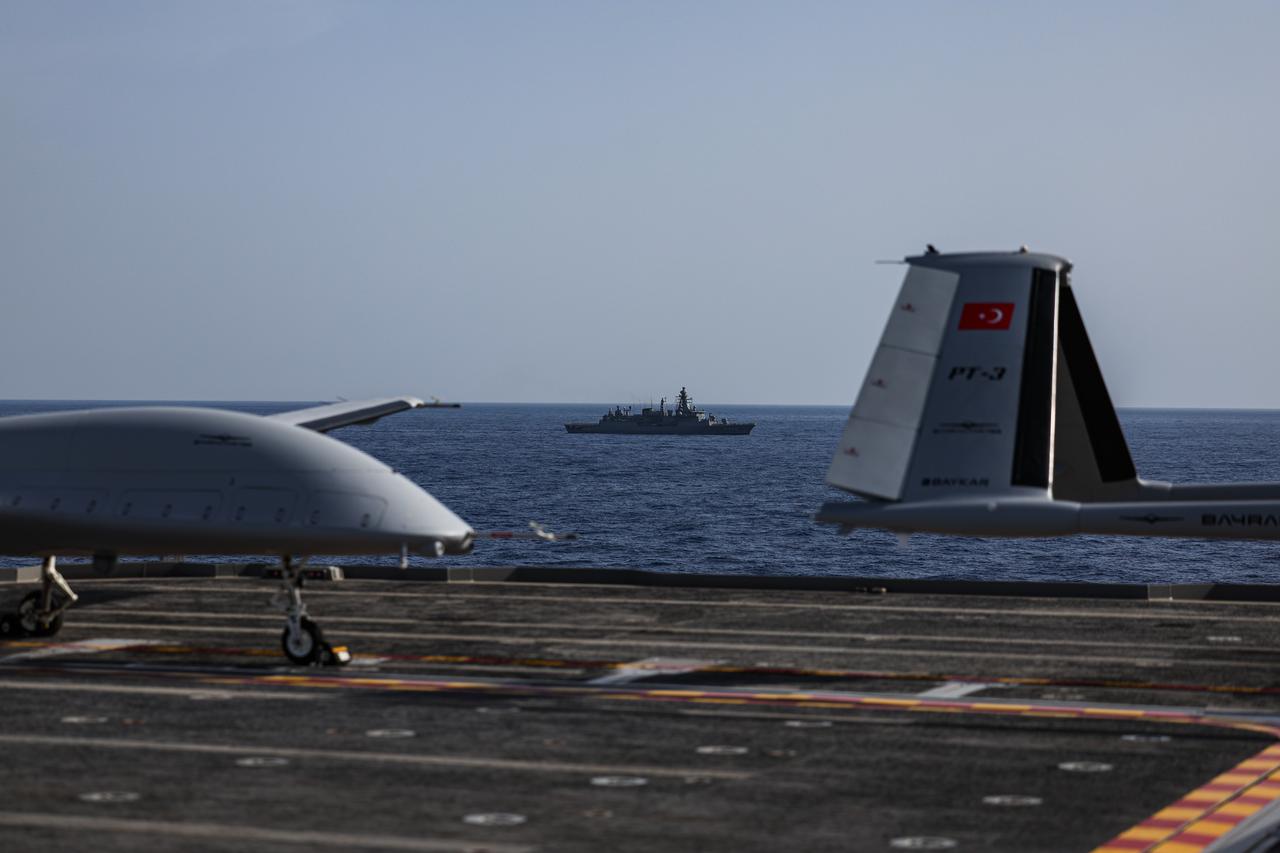 Bayraktar TB3 UCAVs deployed on TCG Anadolu to conduct live-fire exercises with MAM-L munitions during Seawolf-II/2025 Naval Exercise, accessed on 11 May, 2025. (Baykar / Handout Photo) 