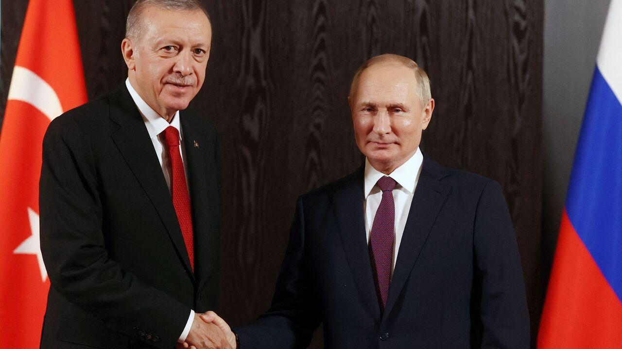 This pool image distributed by Sputnik agency on September 4, 2023, shows Russian President Vladimir Putin meeting with his Turkish counterpart Recep Tayyip Erdogan in Sochi. (Photo by Sergei GUNEYEV / POOL / AFP) (Photo by SERGEI GUNEYEV/POOL/AFP via Getty Images)