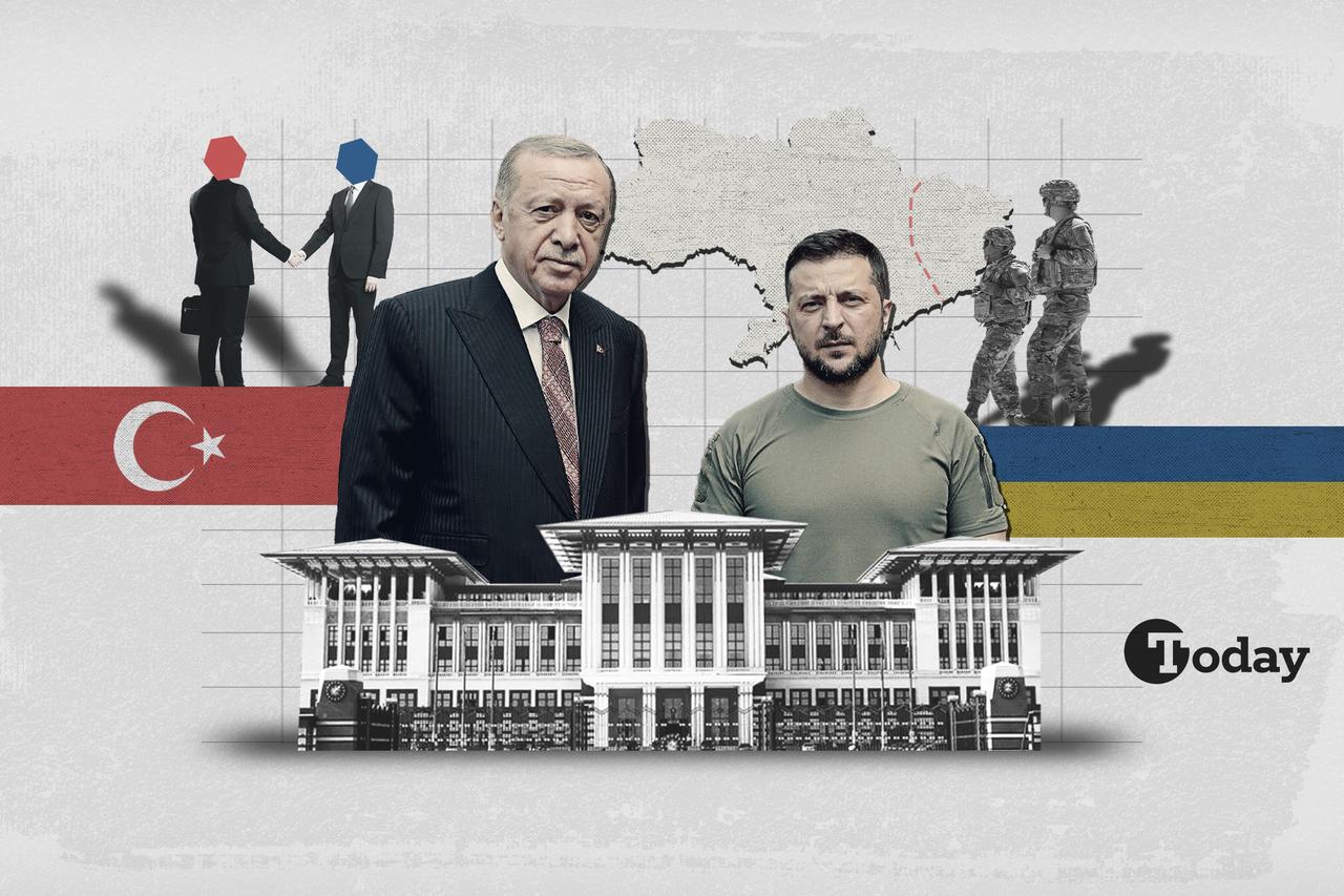 President Recep Tayyip Erdogan and Ukrainian President Volodymyr Zelenskyy stand behind the Turkish Presidency Complex in Ankara, Türkiye, with their respective national flags displayed alongside them.(Collage by Türkiye Today)