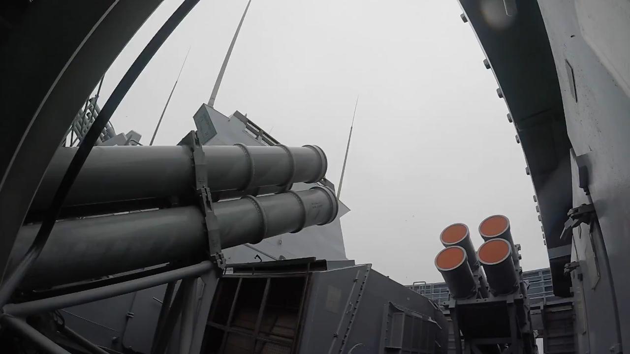 Screenshot from Türkiyes indigenously produced ATMACA anti-ship missile test conducted from the TCG Kinaliada corvette during the Turkish Navys Seawolf-II/2025 exercise on May 10, 2025. (Screengrab from video on X / @tcsavunma)  