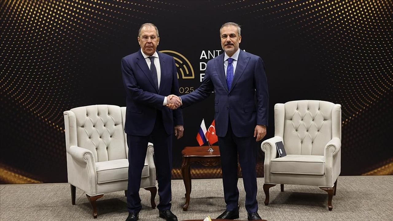 Foreign Minister Hakan Fidan (R) meets with Russian Foreign Minister Sergey Lavrov (L) during the 4th edition of the Antalya Diplomacy Forum in Antalya, Türkiye on April 12, 2025. (AA Photo)