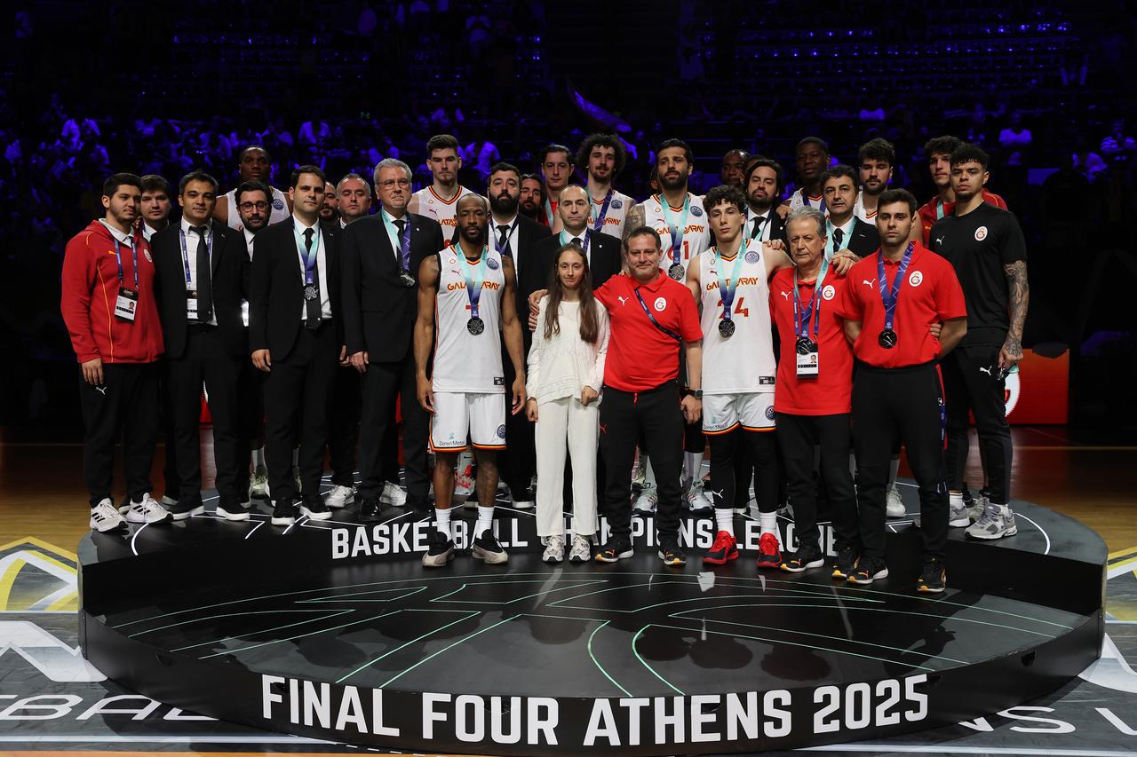Players of Galatasaray pose for a team photo after losing the Basketball Champions League Final match against Spain’s Unicaja Malaga at Sunel Arena in Athens, Greece, on May 11, 2025. (AA Photo)