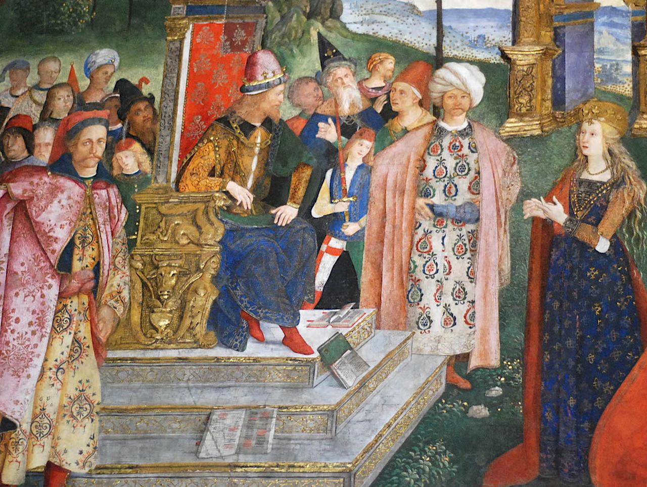The Disputation of St Catherine by Pinturicchio, in the Borgia Rooms in the Vatican (1492–5). The figure of St. Catherine has long been rumoured to be a portrait of Pope Alexander VI’s daughter Lucrezia Borgia. The young man in the turban is thought to be Prince Cem (C). (Photo via blueguides.com)