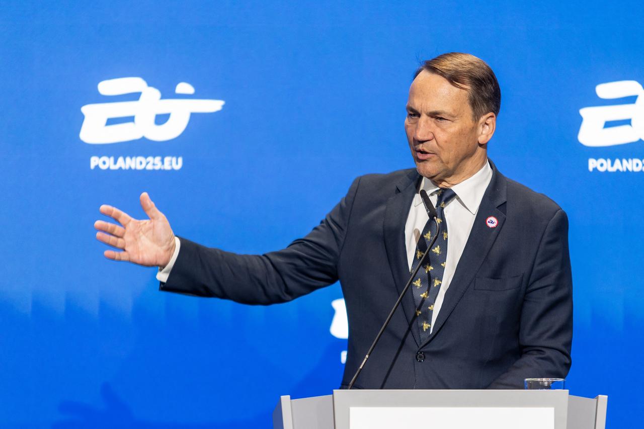 Polands Foreign Affairs Minister Radoslaw Sikorski speaks during a joint press conference with the EU High Representative for Foreign Affairs and Security Policy at the EU Foreign Ministers informal meeting in Gymnich format, in Warsaw, Poland, on May 8, 2025. (Photo by Wojtek RADWANSKI / AFP)
