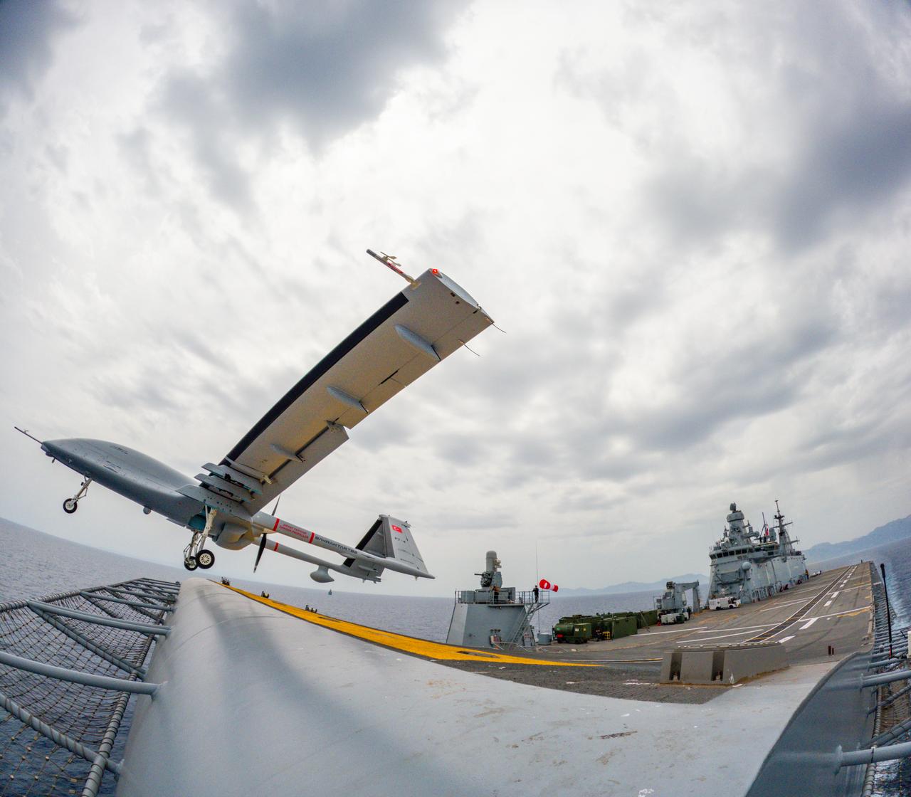  Bayraktar TB3 UCAVs deployed on TCG Anadolu to conduct live-fire exercises with MAM-L munitions during Seawolf-II/2025 Naval Exercise, accessed on 11 May, 2025. (Baykar / Handout Photo) 