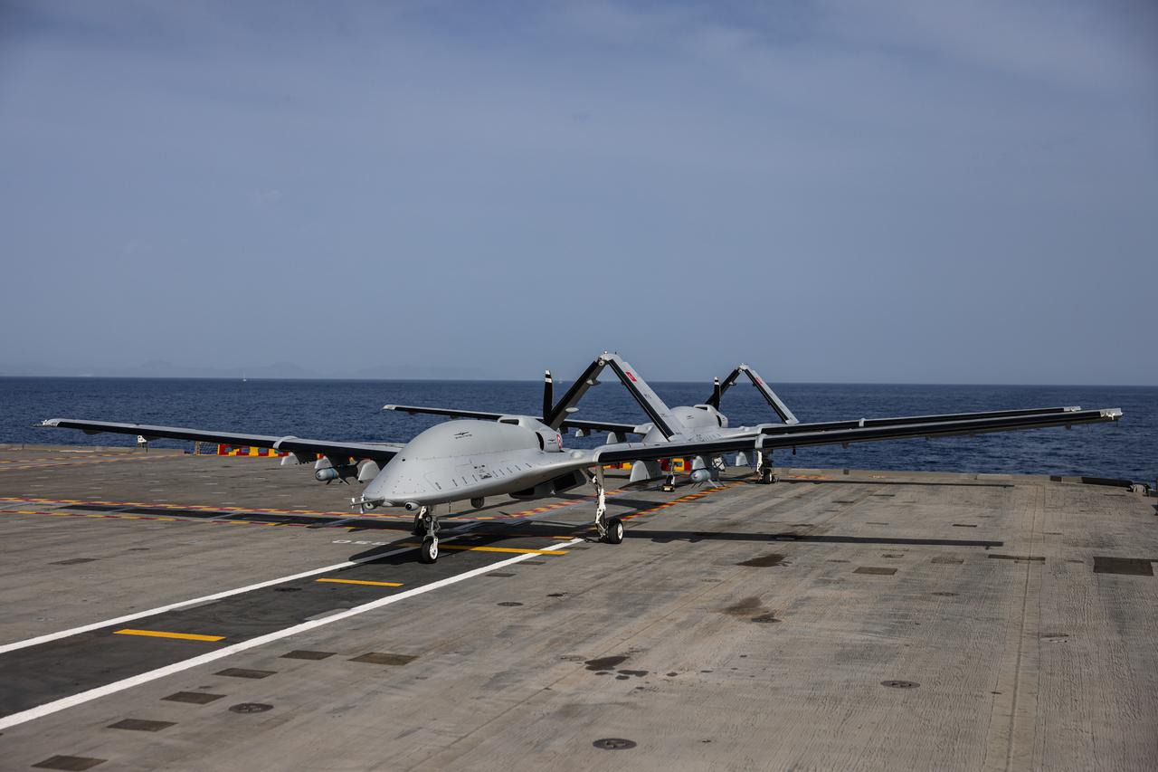  Bayraktar TB3 UCAVs deployed on TCG Anadolu to conduct live-fire exercises with MAM-L munitions during Seawolf-II/2025 Naval Exercise, accessed on 11 May, 2025. (Baykar / Handout Photo) 