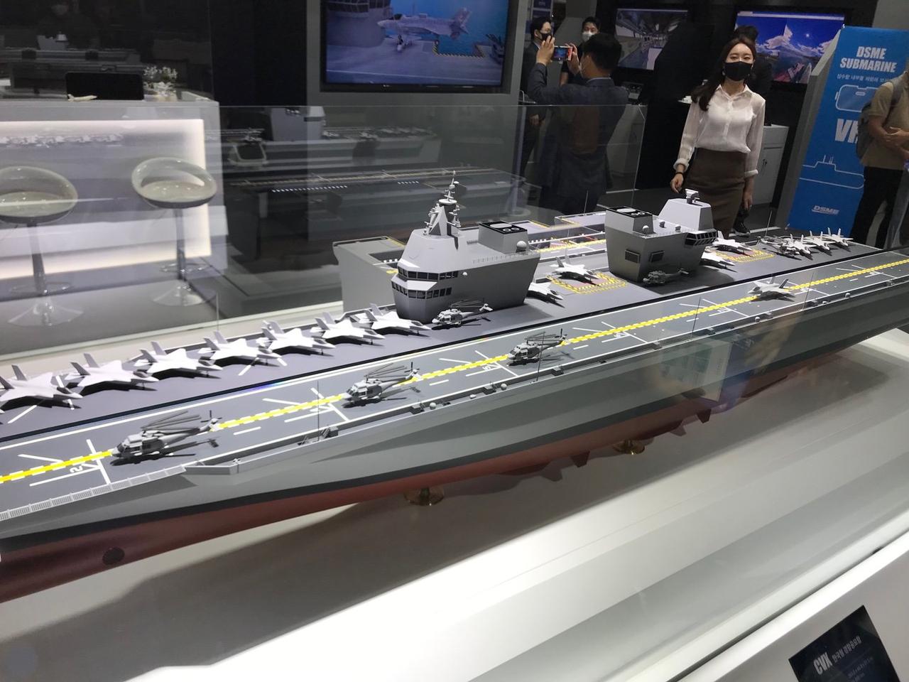 Daewoo Shipbuilding and Marine Engineering Co., Ltd (DSME) revealed its planned light aircraft carrier, called CVX, which reportedly meets operational needs for the Republic of Korea Navy (ROKN) during MADEX in Busan, on June 9th, 2021. (Photo via X / @Foxtrot19_RADAR)
