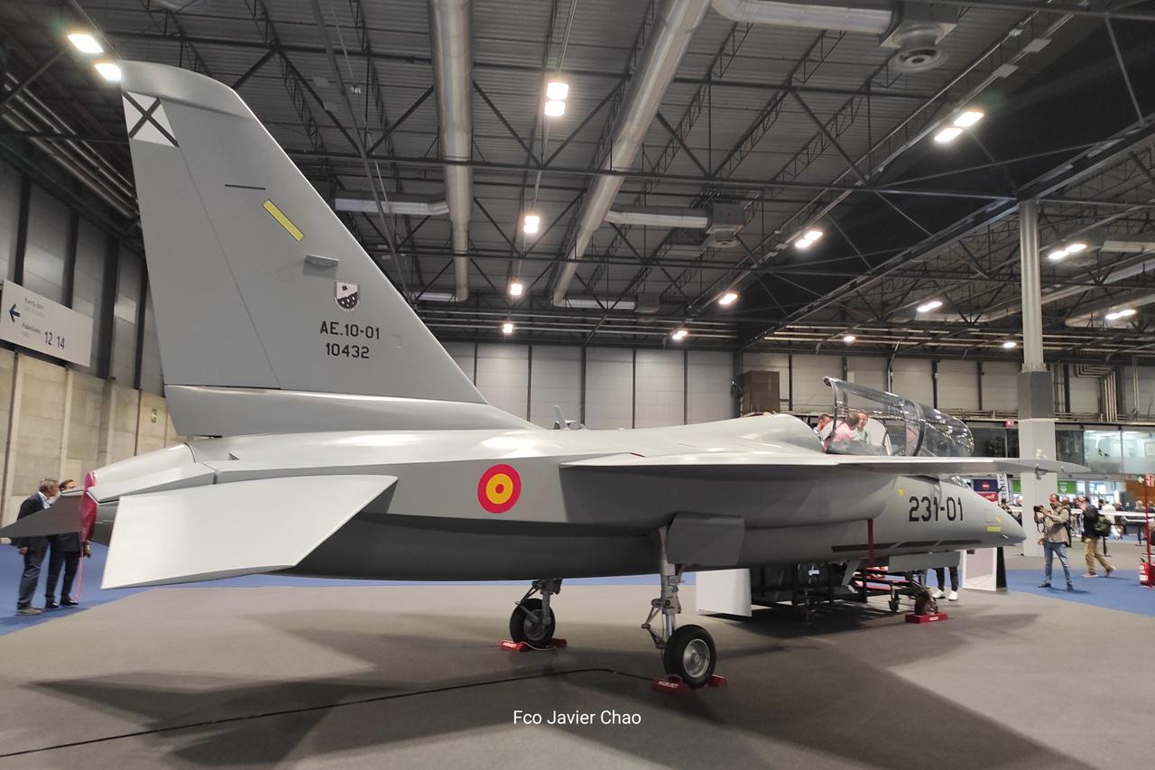 Turkish Aerospace Industries (TAI) displays a full-scale mock-up of its Hurjet jet trainer and light attack aircraft in Spanish Air Force colors at the FEINDEF'25, Spain, accessed on 13 May, 2025. (Photo via X / @Web_AME)