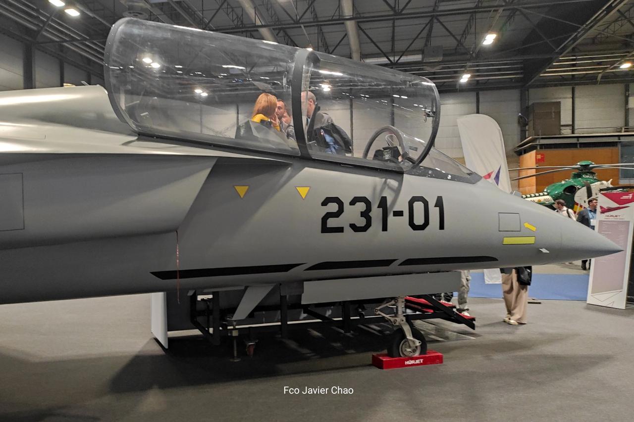Turkish Aerospace Industries (TAI) displays a full-scale mock-up of its Hurjet jet trainer and light attack aircraft in Spanish Air Force colors at the FEINDEF25, Spain, accessed on 13 May, 2025. (Photo via X / @ReinaldoDMM) 