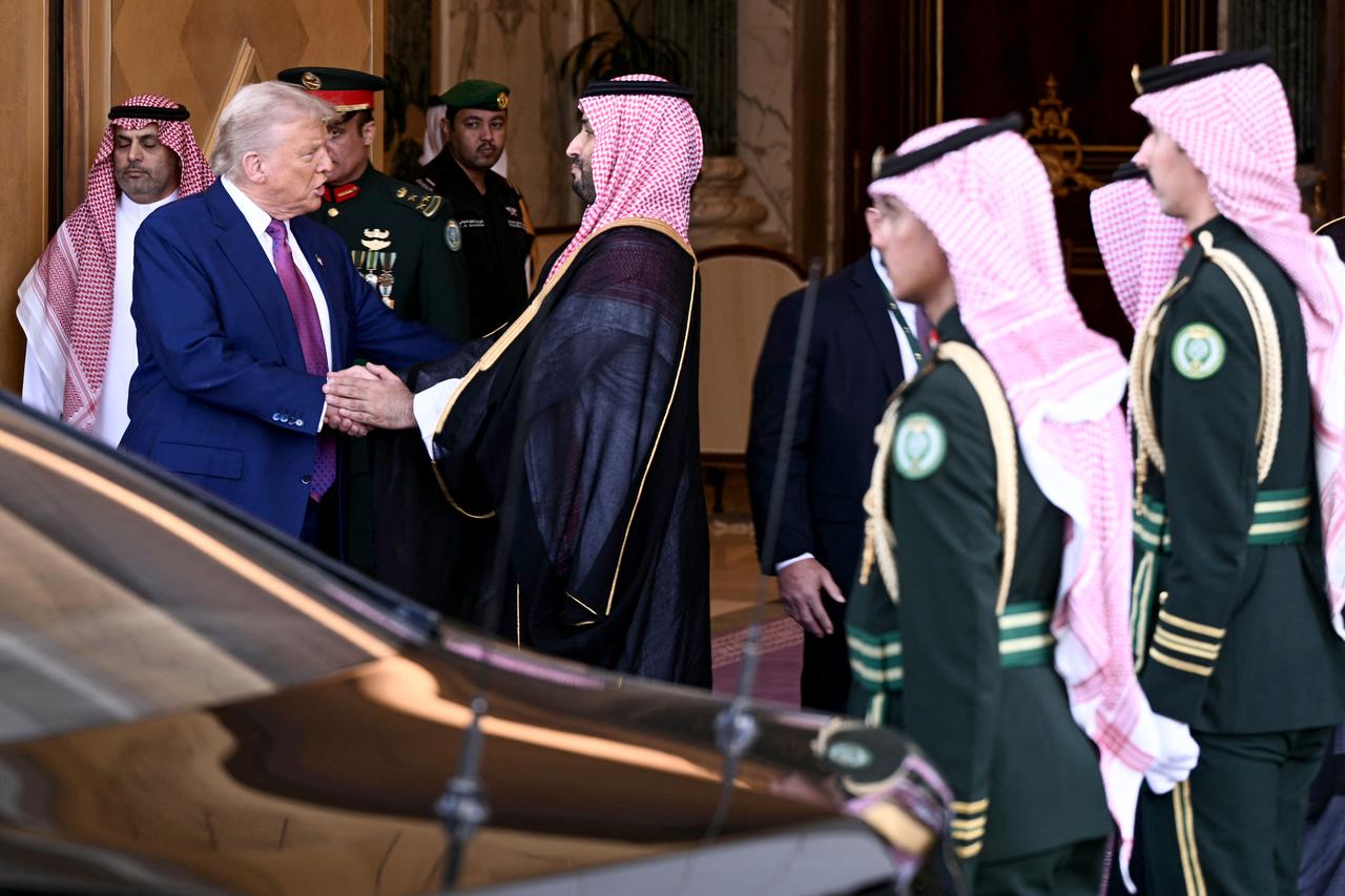 Crown Prince Mohammed bin Salman (C) greets U.S. President Donald Trump as he departs after a bilateral meeting in Riyadh, Saudi Arabia on May 13, 2025. (AFP Photo)