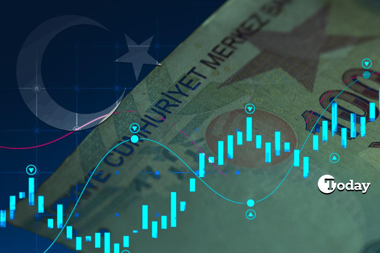 The illustration depicts Türkiye’s economic indicators overlaid on a Turkish lira banknote, accessed on May 13, 2025. (Collage by Türkiye Today / Mehmet Akbas)