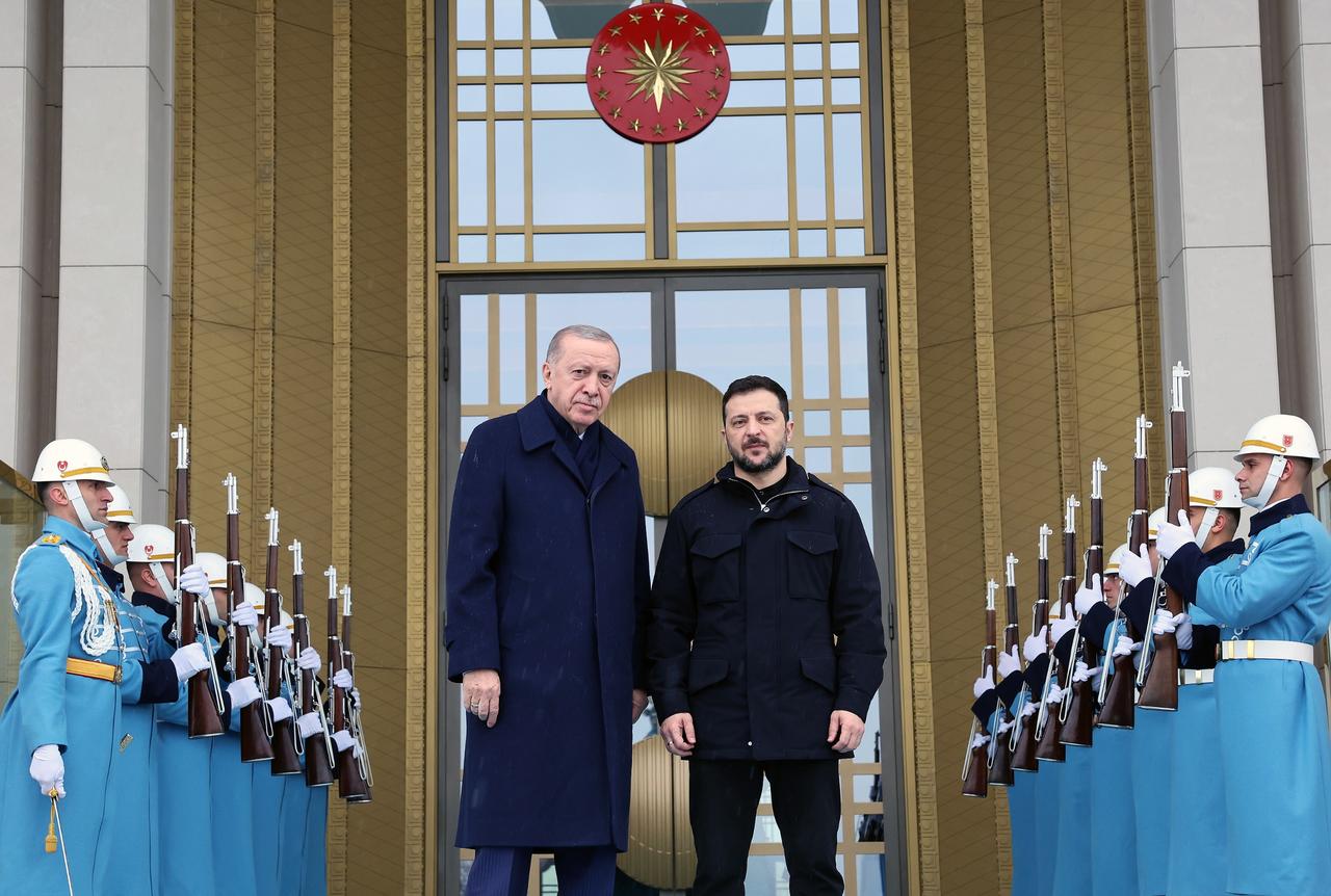 resident Recep Tayyip Erdogan meets with Ukrainian President Volodymyr Zelensky on February 18, 2025. (Turkish Presidency)