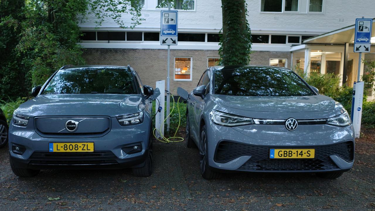 A Volvo XC40 and Volkswagen ID.5 charge at hotel EV stations in Amersfoort, Netherlands, on September 30, 2024. (Adobe Stock Photo)