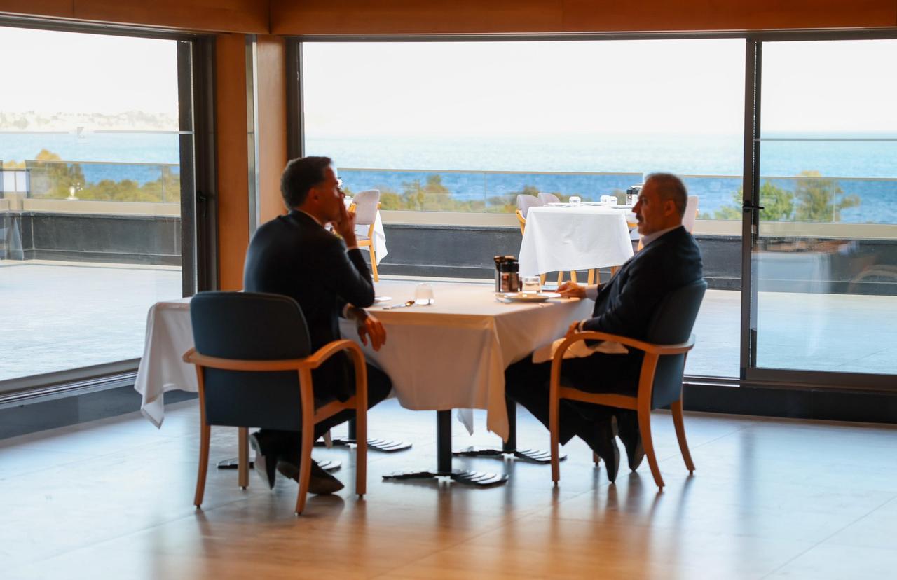Turkish FM Fidan meets with NATO Secretary General Mark Rutte at a working dinner in Antalya before the NATO Foreign Ministers Informal Meeting on 13 May, 2025. (Photo via X / @TC_Disisleri)