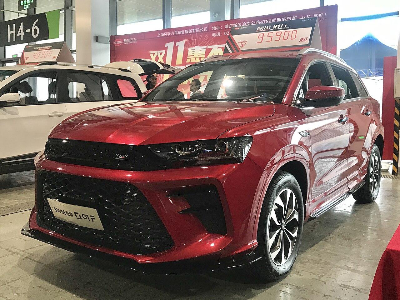 A red SWM G01F SUV on display at an auto showroom, accessed on May 14, 2025. (Photo via wikipedia.org)