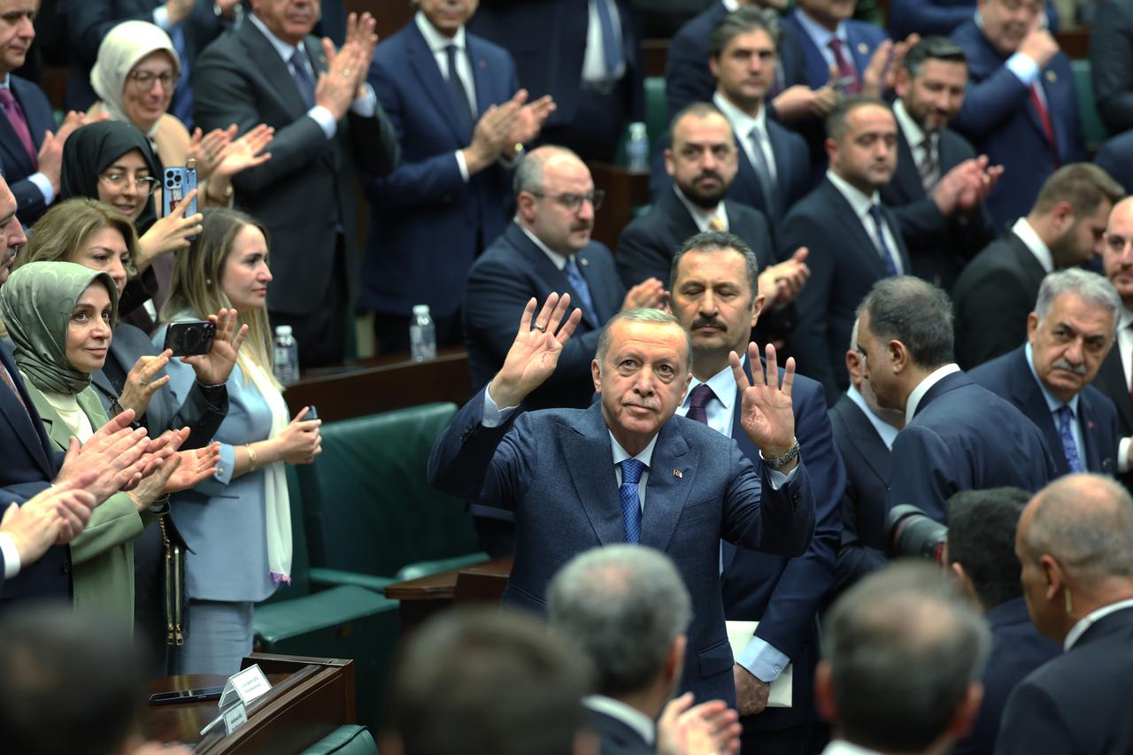Turkish President and Leader of the Justice and Development (AK) Party Recep Tayyip Erdogan attends his party's group meeting at the Turkish Grand National Assembly in Ankara, capital of Turkiye on May 14, 2025. (AA Photo)