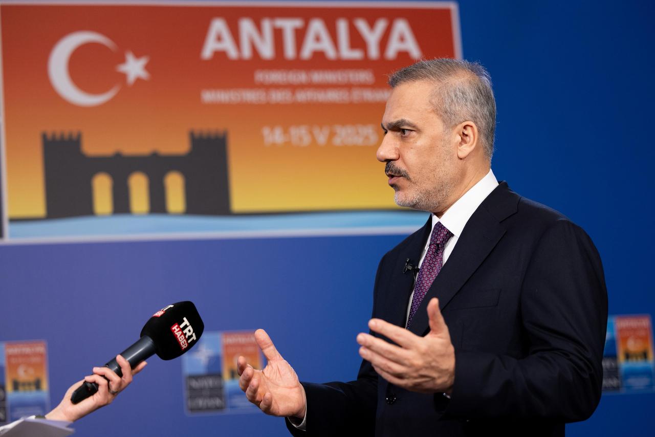 Foreign Minister Hakan Fidan gives an interview to TRT Haber before the NATO Informal Foreign Ministers Meeting in Antalya, Türkiye on May 14, 2025. (AA Photo)