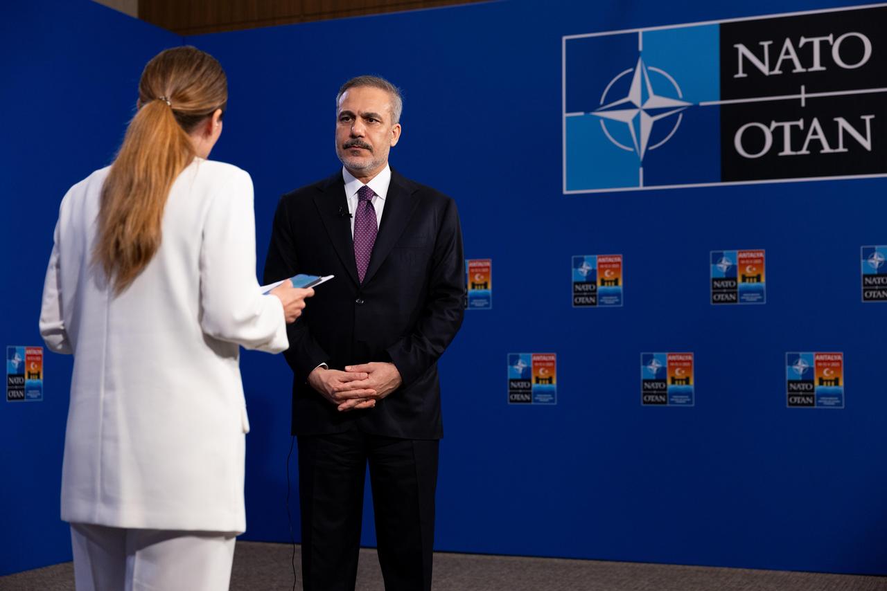 Foreign Minister Hakan Fidan gives an interview to TRT Haber before the NATO Informal Foreign Ministers Meeting in Antalya, Türkiye on May 14, 2025. (AA Photo)