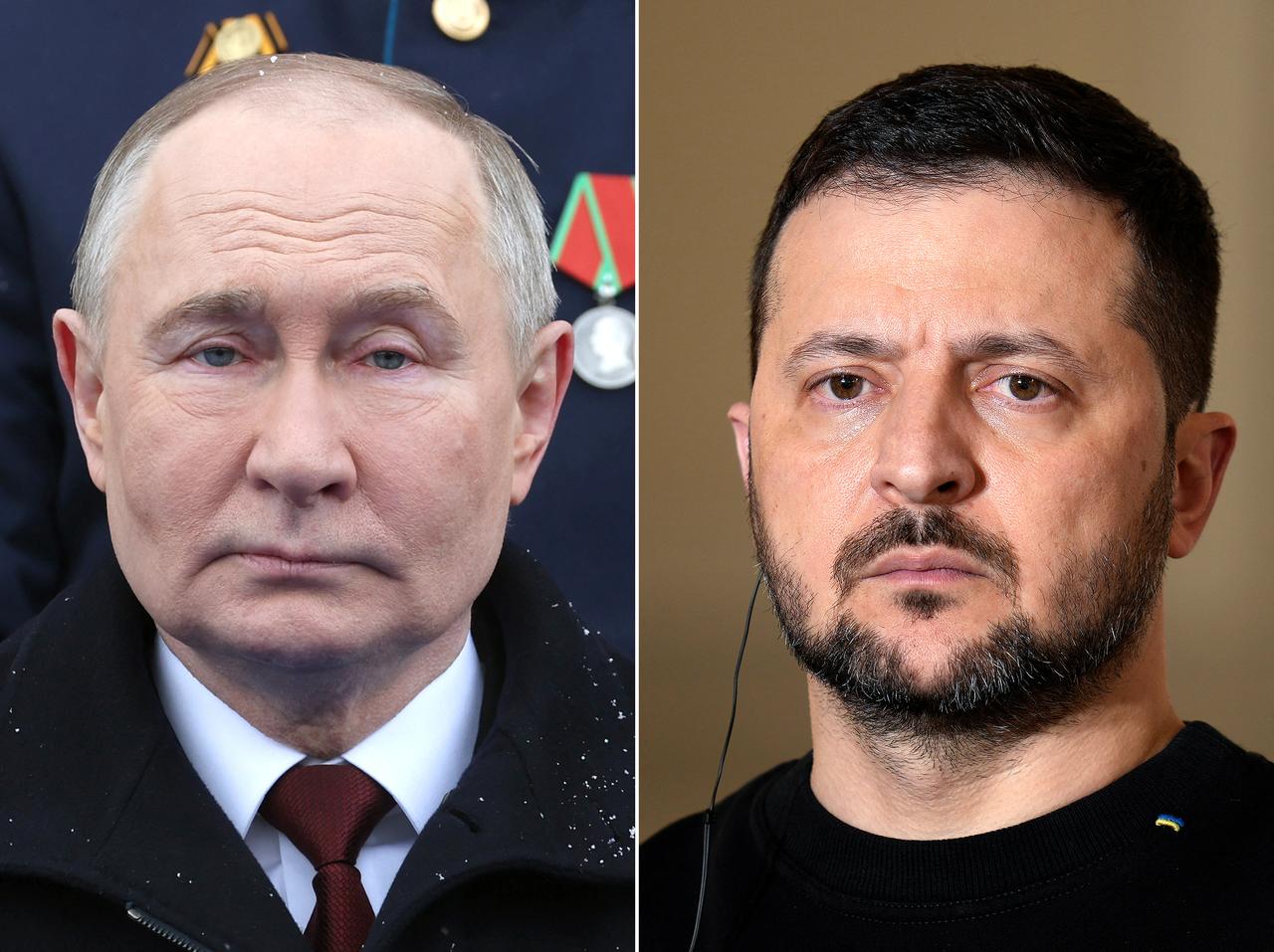 (COMBO) This combination of pictures created on May 12, 2025 shows a pool photograph distributed by Russias state agency Sputnik bearing Russian President Vladimir Putin (L) during the Victory Day military parade in central Moscow on May 9, 2024 and a picture of Ukraines President Volodymyr Zelensky during a press conference with French President at the Elysee palace in Paris on February 16, 2024. Following the visit of some European leaders to Kyiv, where they called for Russia to agree to an unconditional 30-day ceasefire to allow for peace talks, Putin proposed direct negotiations with Ukraine in Istanbul on May 15, but did not respond to the European call for a 30-day ceasefire. Zelensky said he would be prepared to meet Putin in Turkey, but did not say whether he would still attend if Russia refused the European proposal. (Photo by Mikhail KLIMENTYEV and Thibault CAMUS / POOL / AFP)