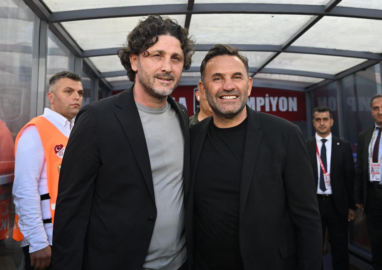 Trabzonspor's head coach Fatih Tekke (L) and Galatasaray's head coach Okan Buruk (R) pose for a photo before the Turkish Super Lig week 35 football match between Trabzonspor and Galatasaray at Papara Park in Trabzon, Turkiye on May 10, 2025. (AA Photo)