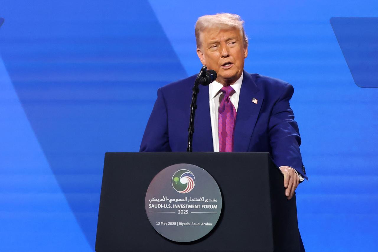 US President Donald Trump speaks during the Saudi-US investment forum at the King Abdul Aziz International Conference Center in Riyadh on May 13, 2025. (AFP Photo)