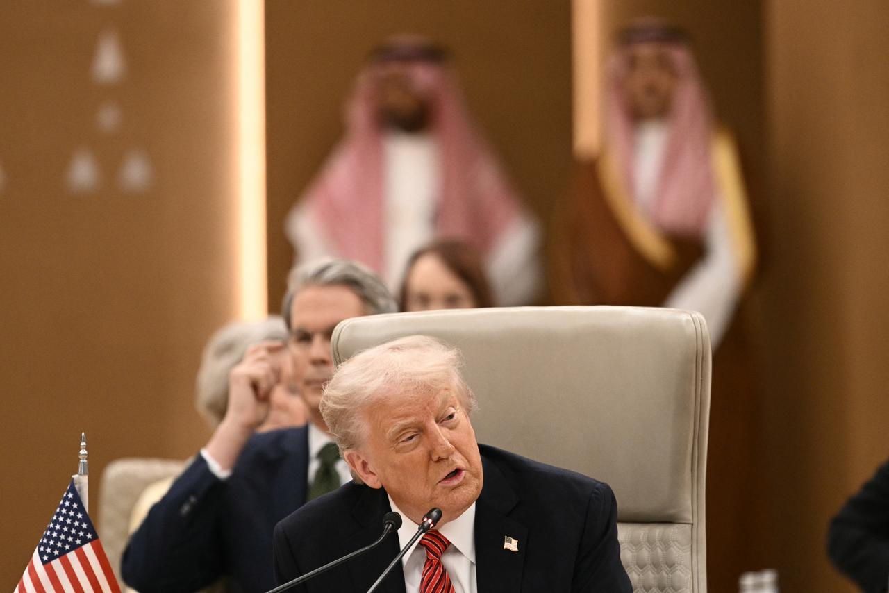 US President Donald Trump addresses a meeting with Gulf leaders of the six-nation Gulf Cooperation Council (GCC) in Riyadh on May 14, 2025. (Photo by Brendan SMIALOWSKI / AFP)