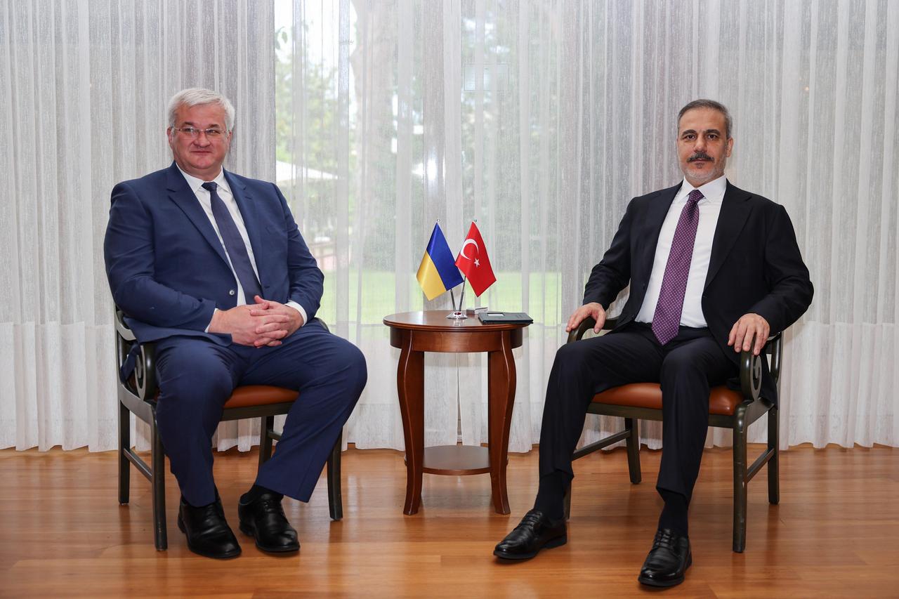 Turkish Foreign Minister Hakan Fidan (R) meets with Ukrainian Deputy Foreign Minister Andriy Sybiha (L) on the sidelines of the NATO Informal Meeting of Foreign Ministers in Antalya, Türkiye on May 14, 2025.  (AA Photo)